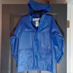 Vintage Columbia Rain Jacket Hooded Coat PVC  Nylon Youth Size Medium Navy Blue